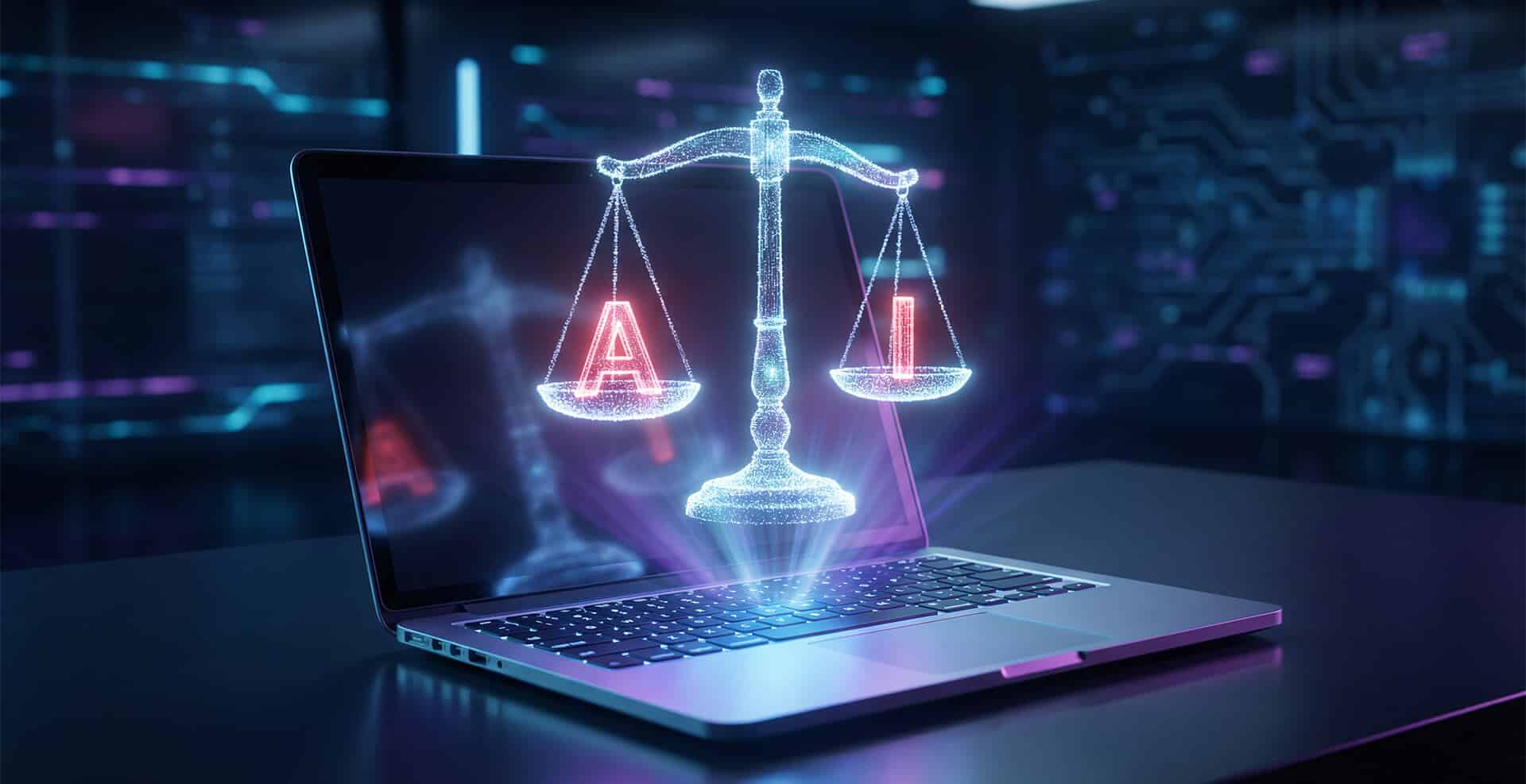 ai vs human justice scales hologram laptop legal tech artificial intelligence regulation 1