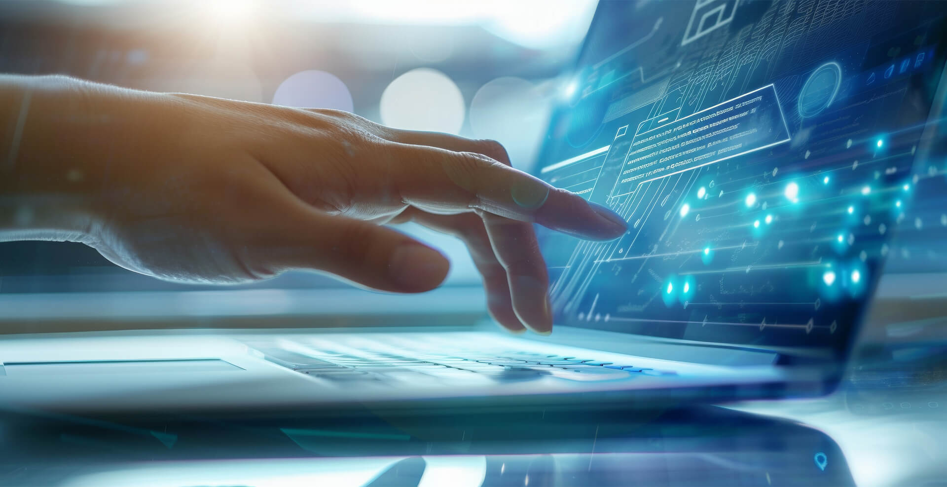 hand hovers laptop keyboard bathed blue digital glow symbolizing modern connectivity data flow 1